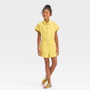 Cat & Jack Girls' Medium (8) Yellow Short Sleeve Denim Romper